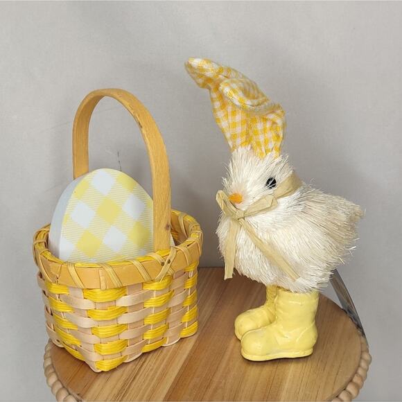 Yellow Sissal Chicken Gingham Wood Easter Egg and Wicker Basket Tiered Tray - Picture 1 of 8